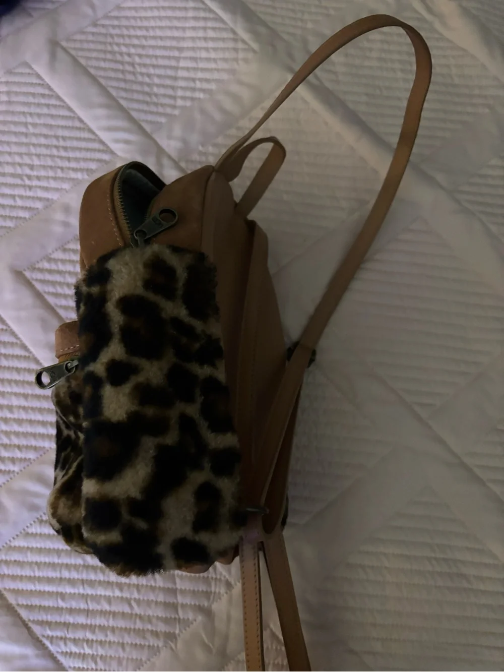 UGG Chestnut Suede Mini Backpack with Leopard Faux Fur Pocket